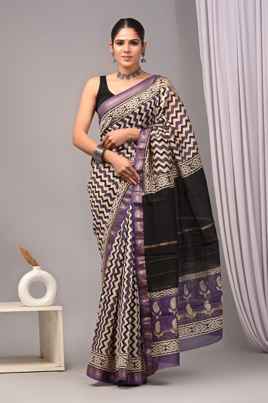Purple Maheshwari Silk Handblock Printed Saree with Zigzag Design – Wholesale Designer Silk Saree